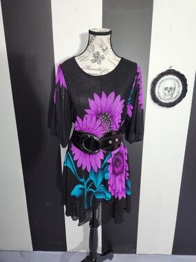 Black Tunic Top with Vibrant Purple Floral Design